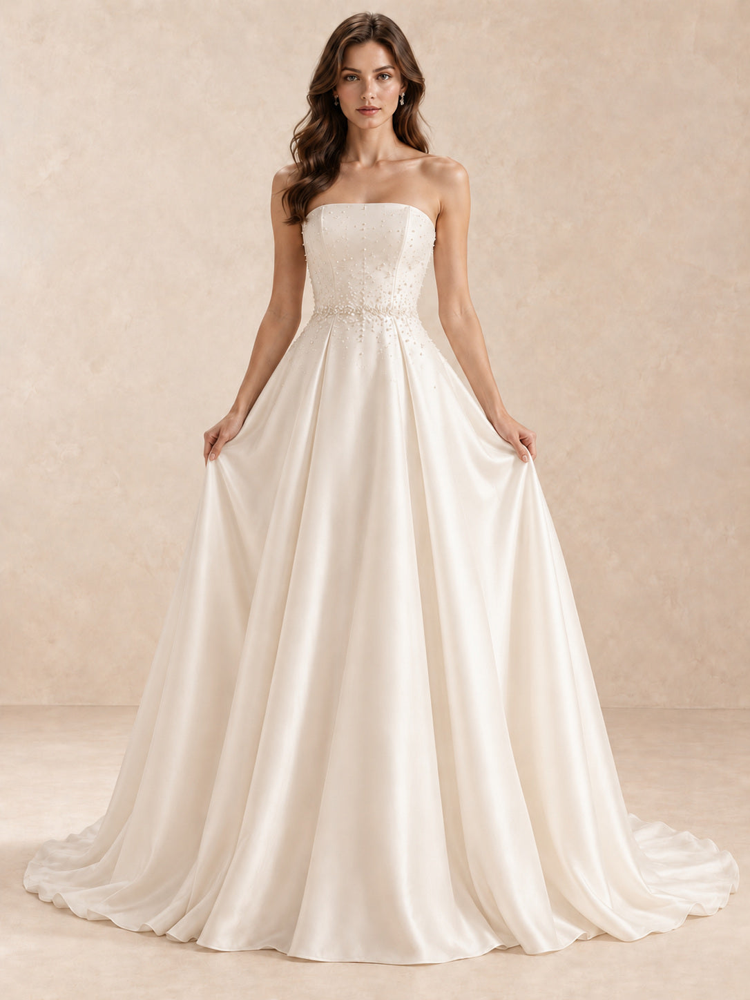 White Strapless Satin A-Line Wedding Dress with Pearl-Embellished
