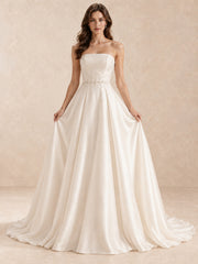 White Strapless Satin A-Line Wedding Dress with Pearl-Embellished