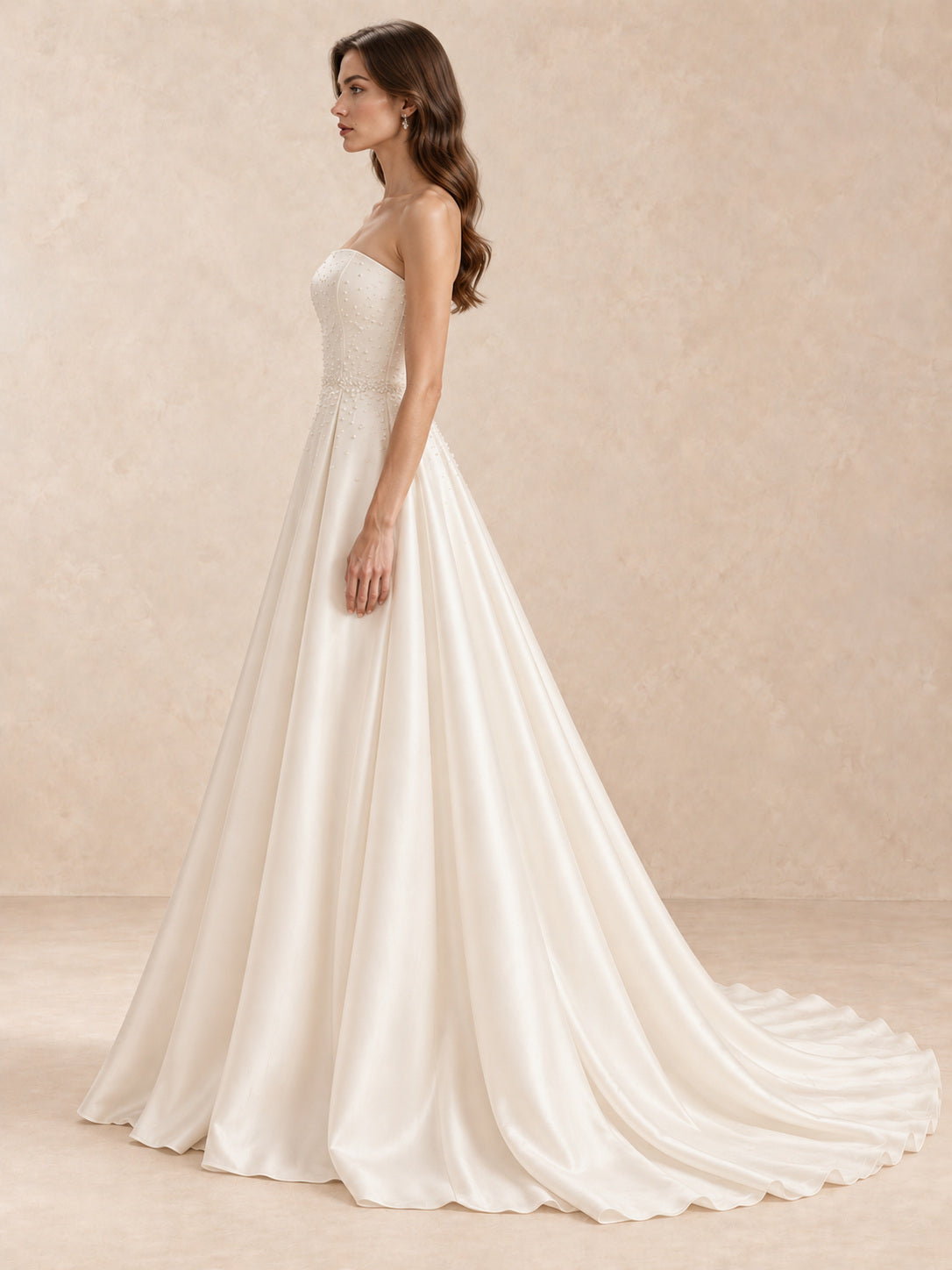 White Strapless Satin A-Line Wedding Dress with Pearl-Embellished