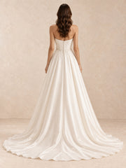 White Strapless Satin A-Line Wedding Dress with Pearl-Embellished