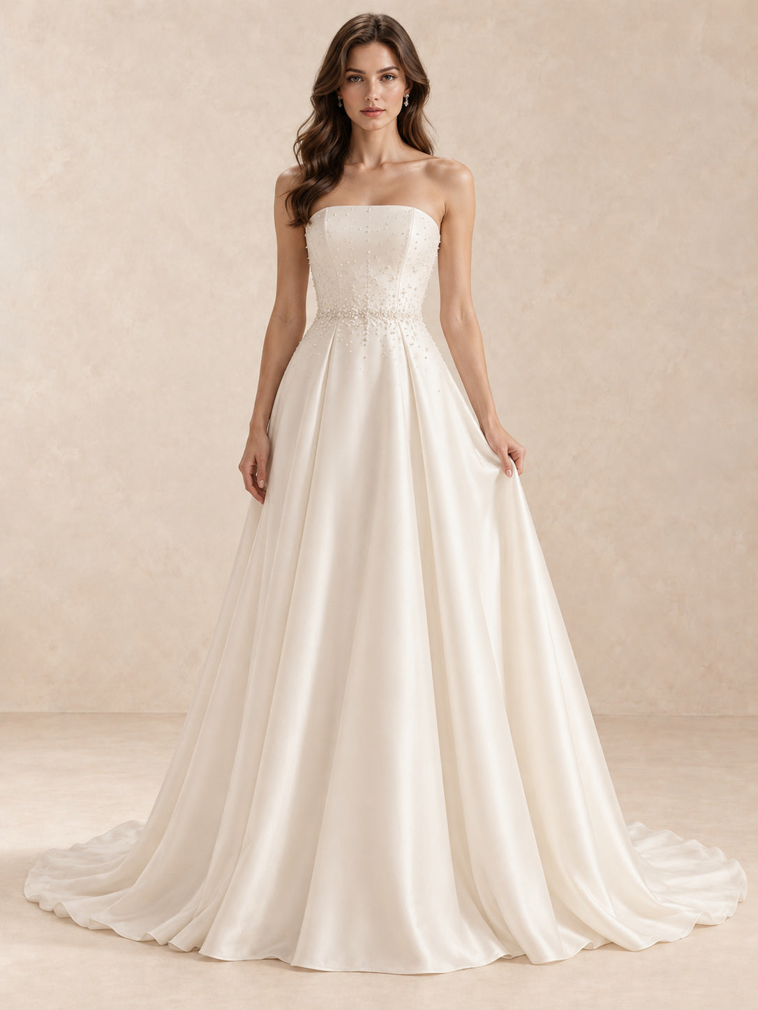 White Strapless Satin A-Line Wedding Dress with Pearl-Embellished