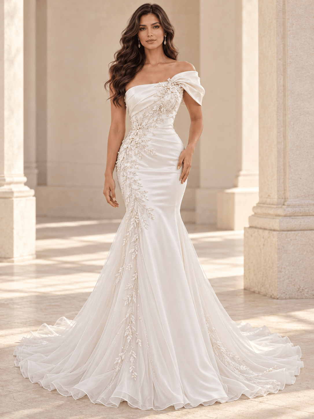 White Strapless Satin Floral Lace Appliqués Wedding Dress