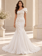White Strapless Satin Floral Lace Appliqués Wedding Dress