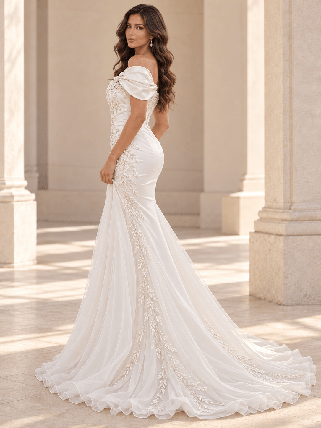 White Strapless Satin Floral Lace Appliqués Wedding Dress