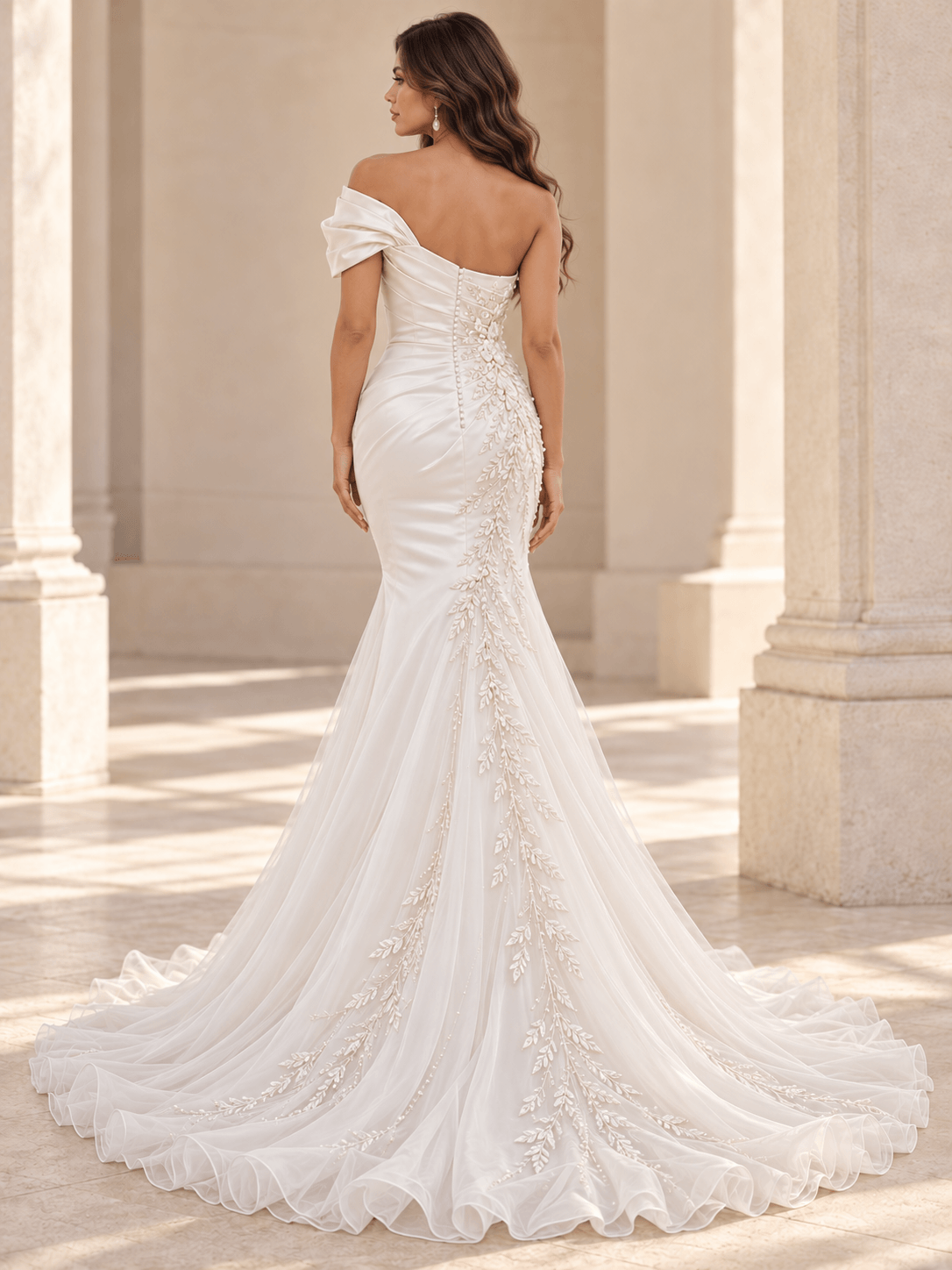 White Strapless Satin Floral Lace Appliqués Wedding Dress
