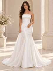 White Strapless Satin Mermaid Wedding Dress with Sheer Organza Overskirt