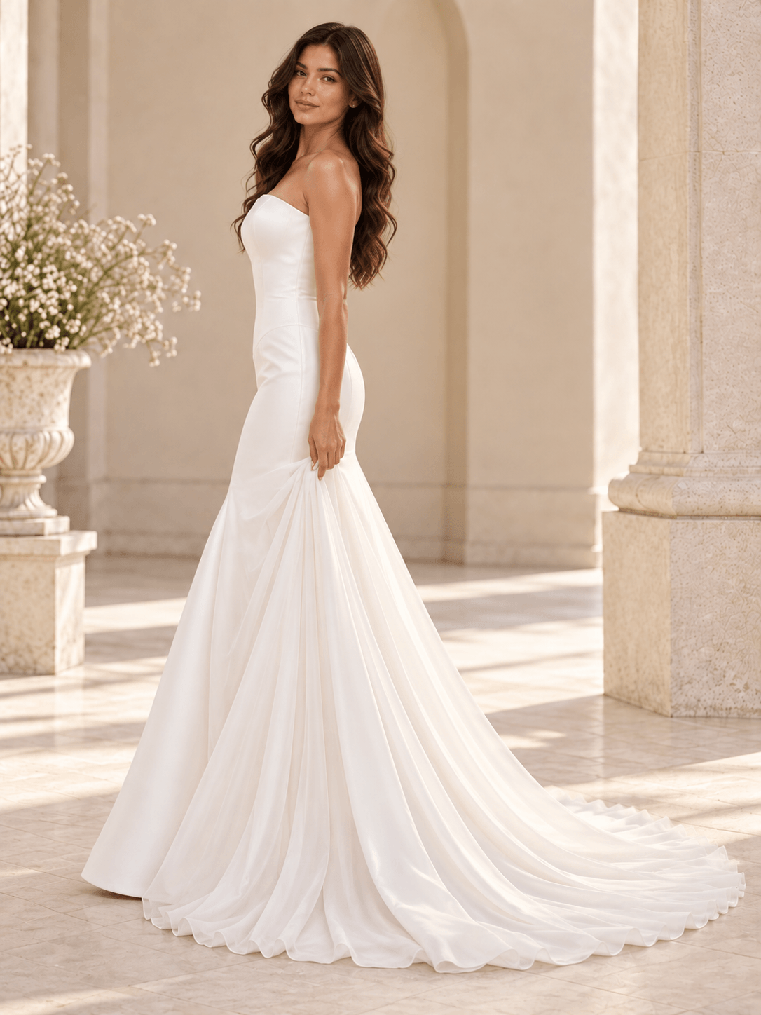 White Strapless Satin Mermaid Wedding Dress with Sheer Organza Overskirt