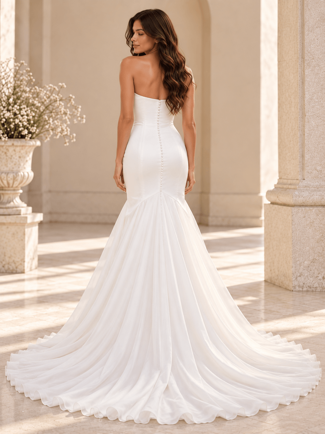 White Strapless Satin Mermaid Wedding Dress with Sheer Organza Overskirt