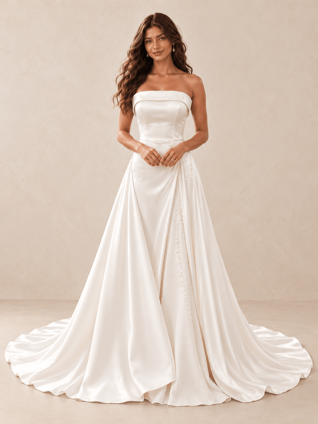 White Strapless Satin Wedding Dress with Draped Overskirt and Pearl Beading