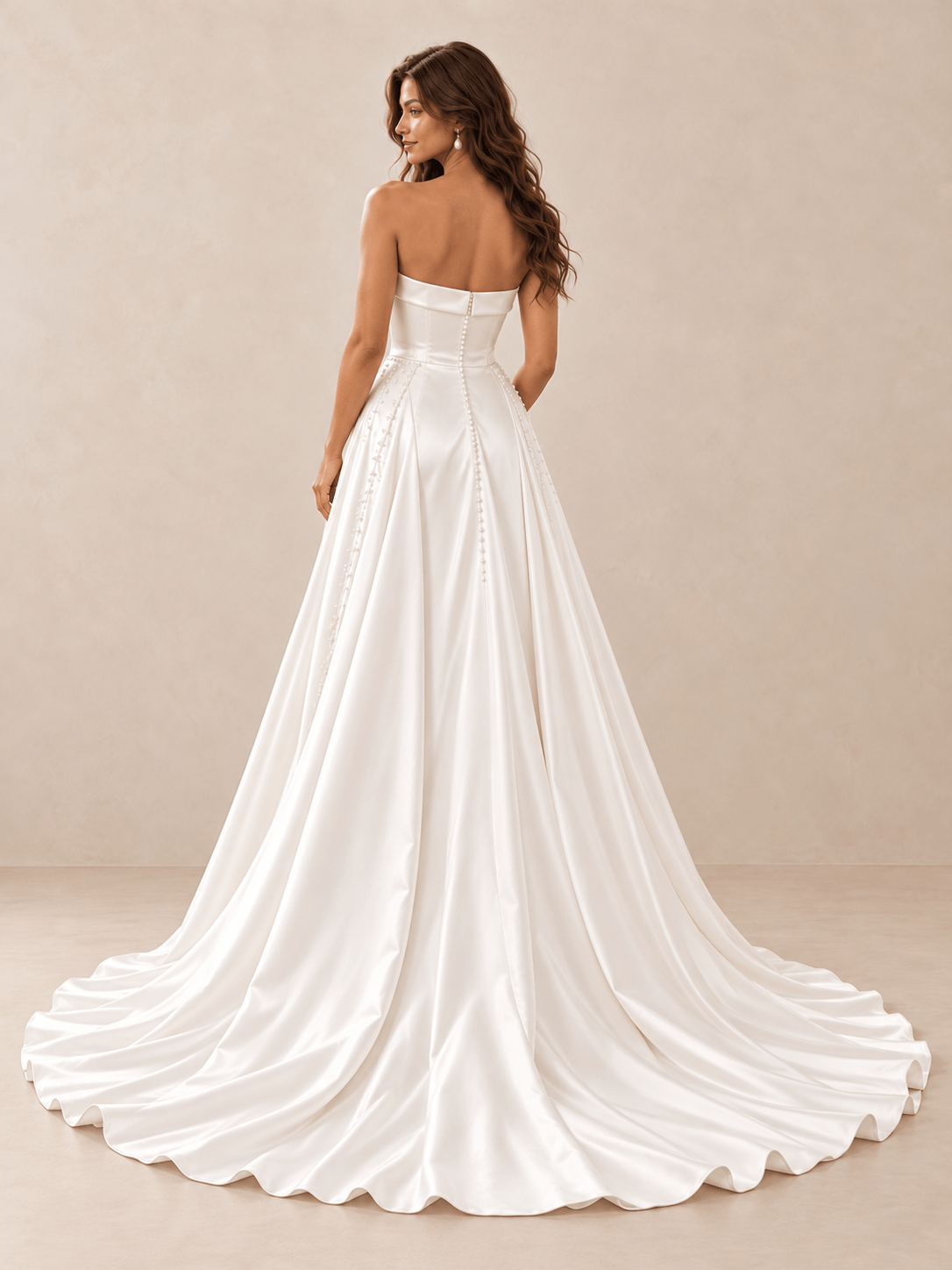 White Strapless Satin Wedding Dress with Draped Overskirt and Pearl Beading