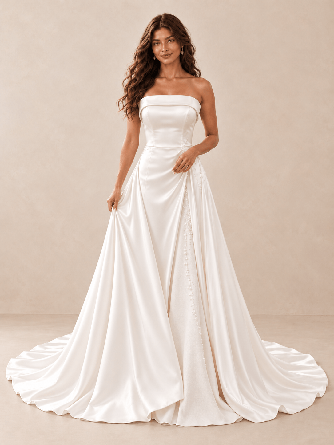 White Strapless Satin Wedding Dress with Draped Overskirt and Pearl Beading