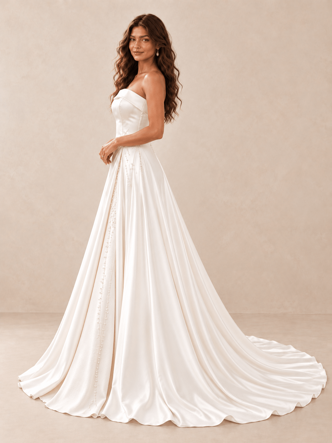 White Strapless Satin Wedding Dress with Draped Overskirt and Pearl Beading