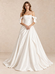 White Strapless Satin Wedding Dress with Off-the-Shoulder Bow Sleeves