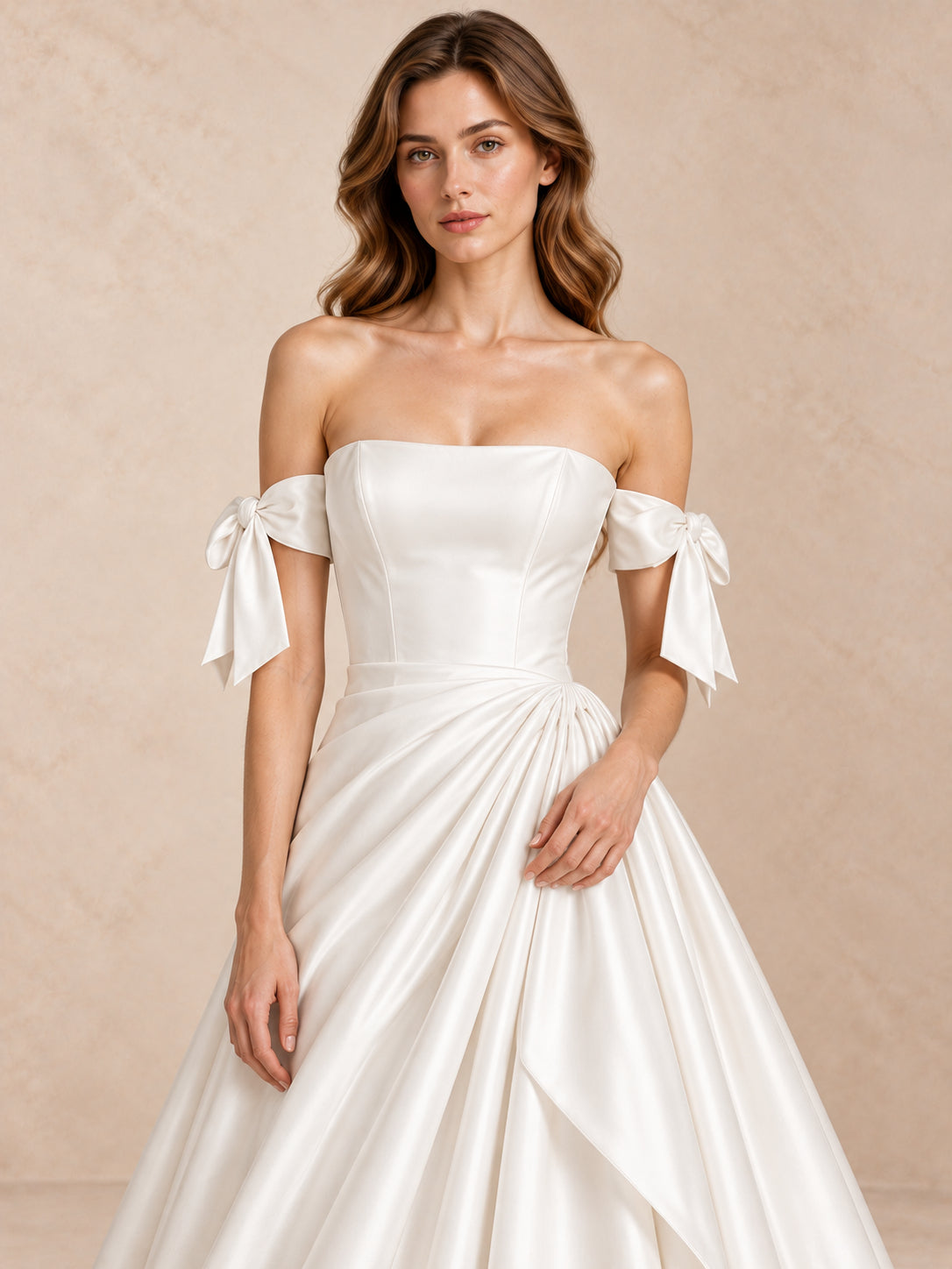 White Strapless Satin Wedding Dress with Off-the-Shoulder Bow Sleeves