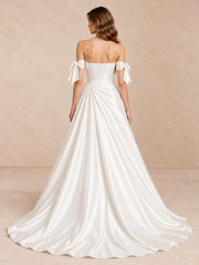 White Strapless Satin Wedding Dress with Off-the-Shoulder Bow Sleeves