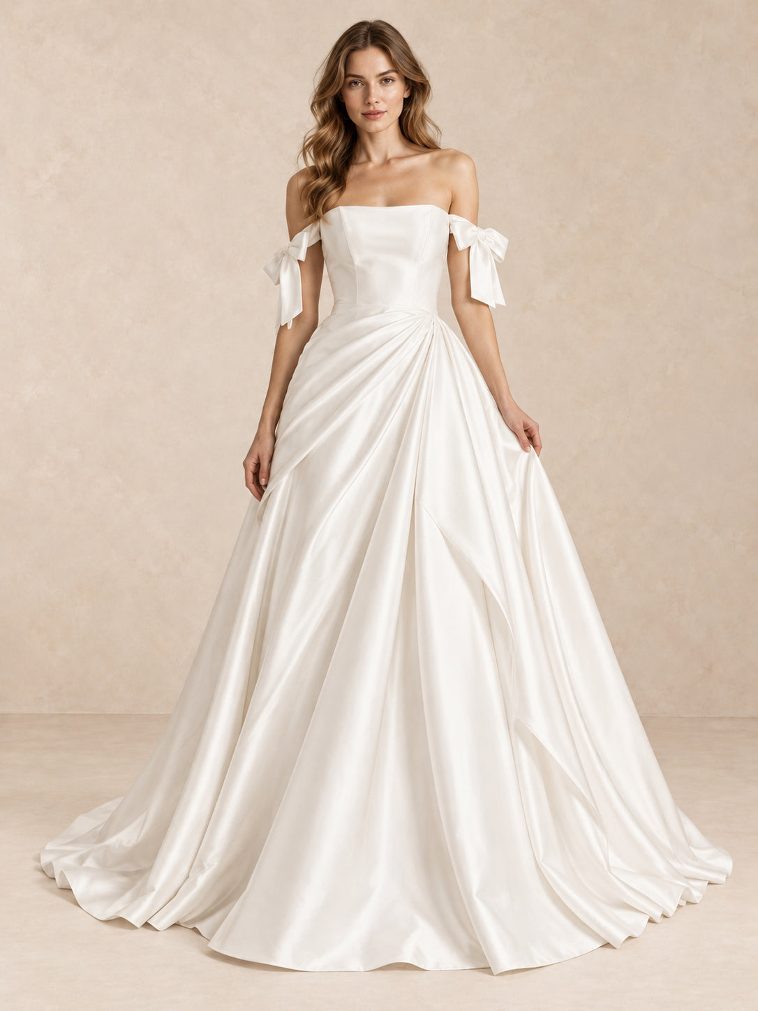 White Strapless Satin Wedding Dress with Off-the-Shoulder Bow Sleeves