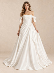 White Strapless Satin Wedding Dress with Off-the-Shoulder Bow Sleeves