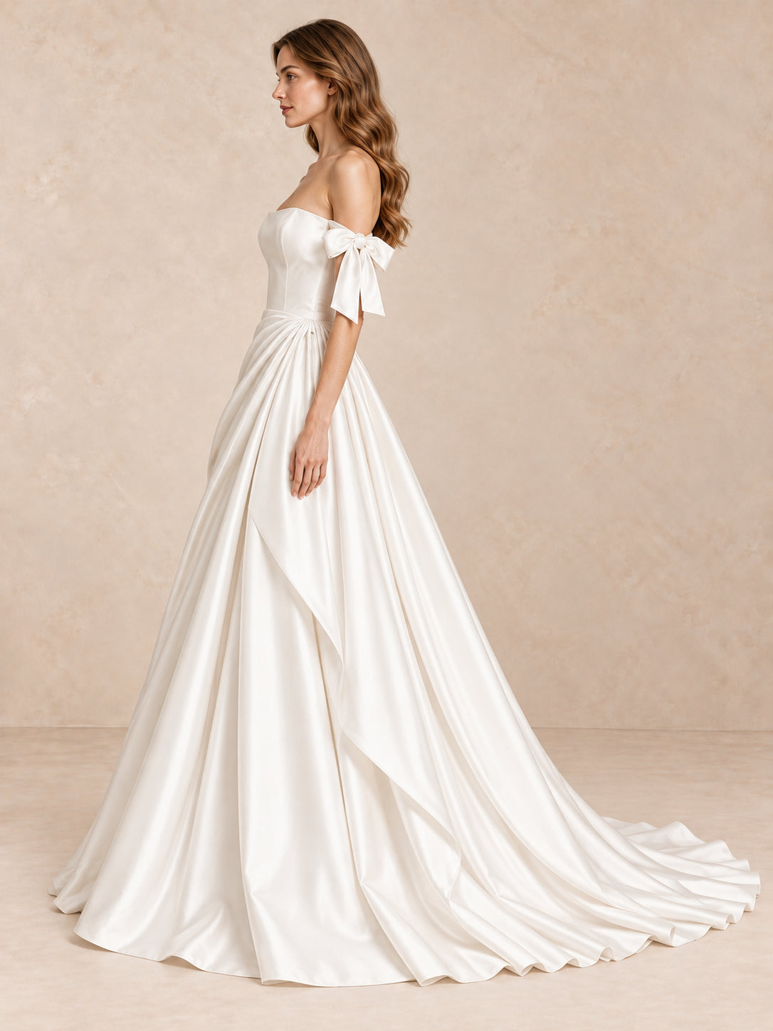 White Strapless Satin Wedding Dress with Off-the-Shoulder Bow Sleeves