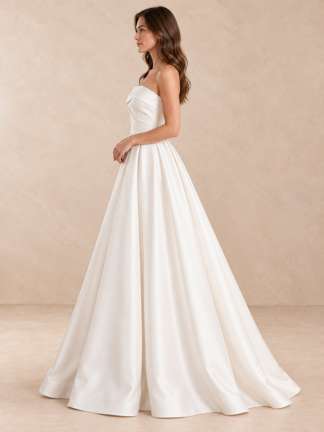 White Strapless Sculpted Satin Wedding Dress with Pleated Skirt