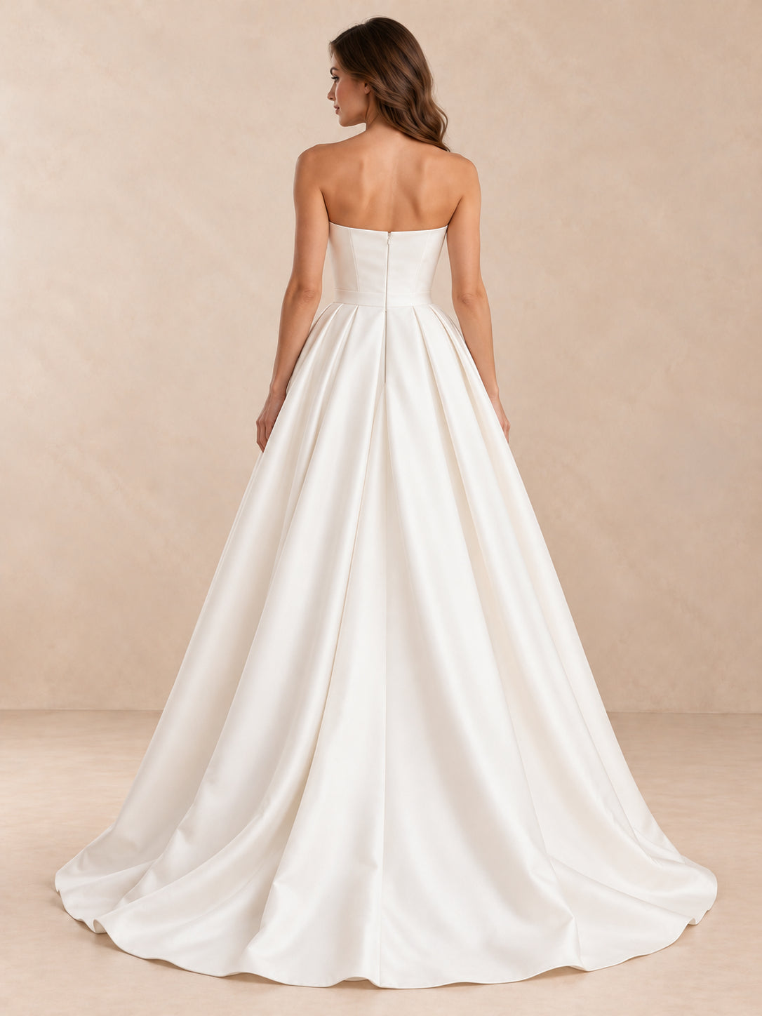 White Strapless Sculpted Satin Wedding Dress with Pleated Skirt
