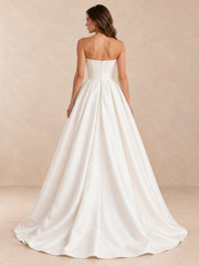 White Strapless Sculpted Satin Wedding Dress with Pleated Skirt