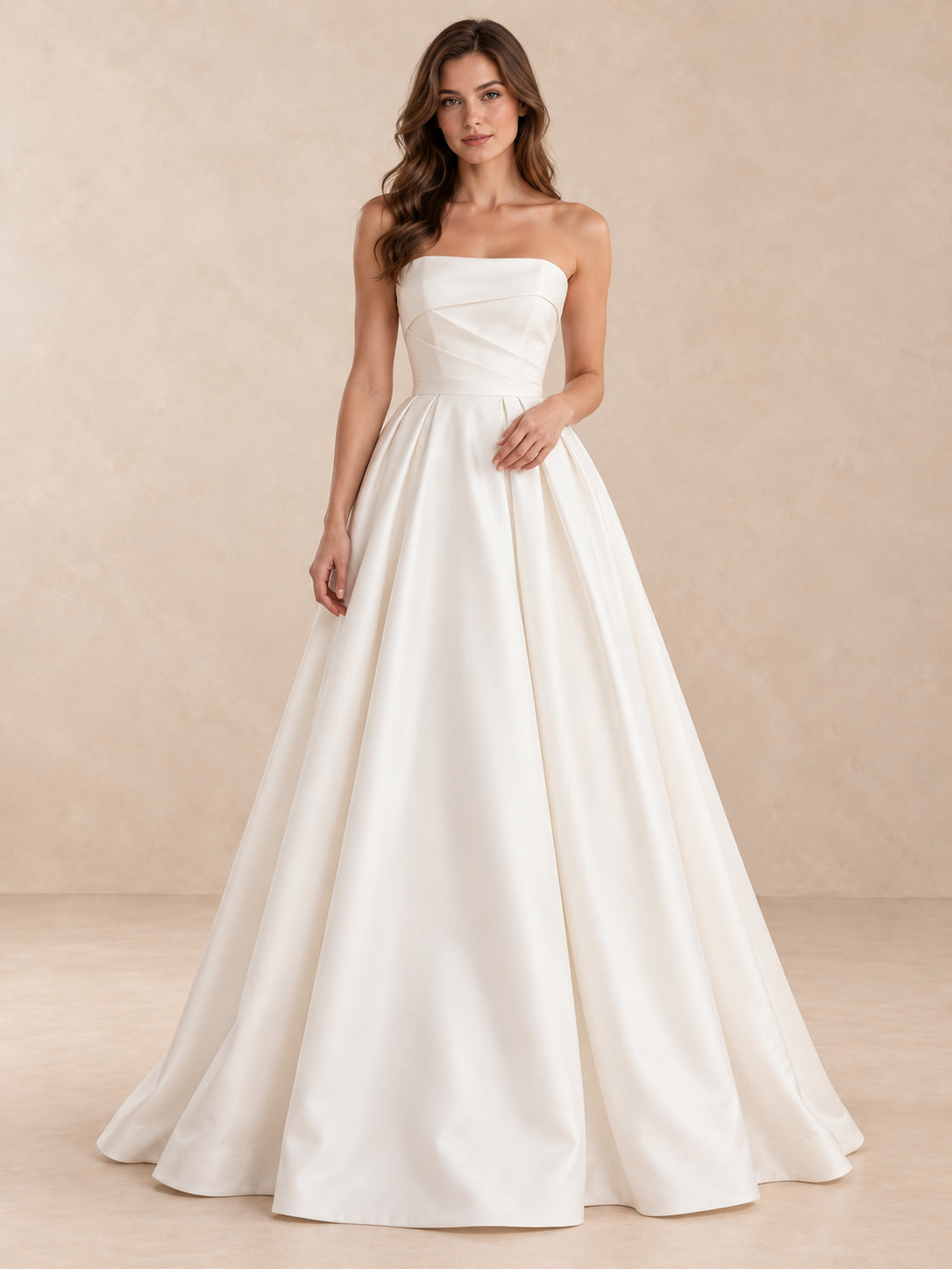 White Strapless Sculpted Satin Wedding Dress with Pleated Skirt