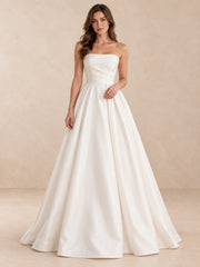 White Strapless Sculpted Satin Wedding Dress with Pleated Skirt