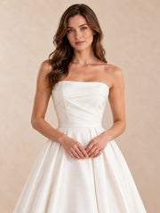 White Strapless Sculpted Satin Wedding Dress with Pleated Skirt