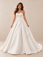 White Strapless Sweetheart Satin Ball Gown Wedding Dress with Draped Bodice