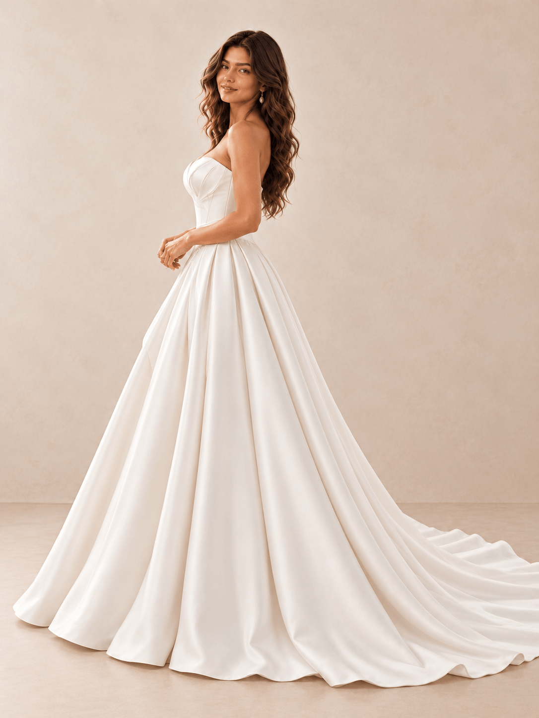 White Strapless Sweetheart Satin Ball Gown Wedding Dress with Draped Bodice