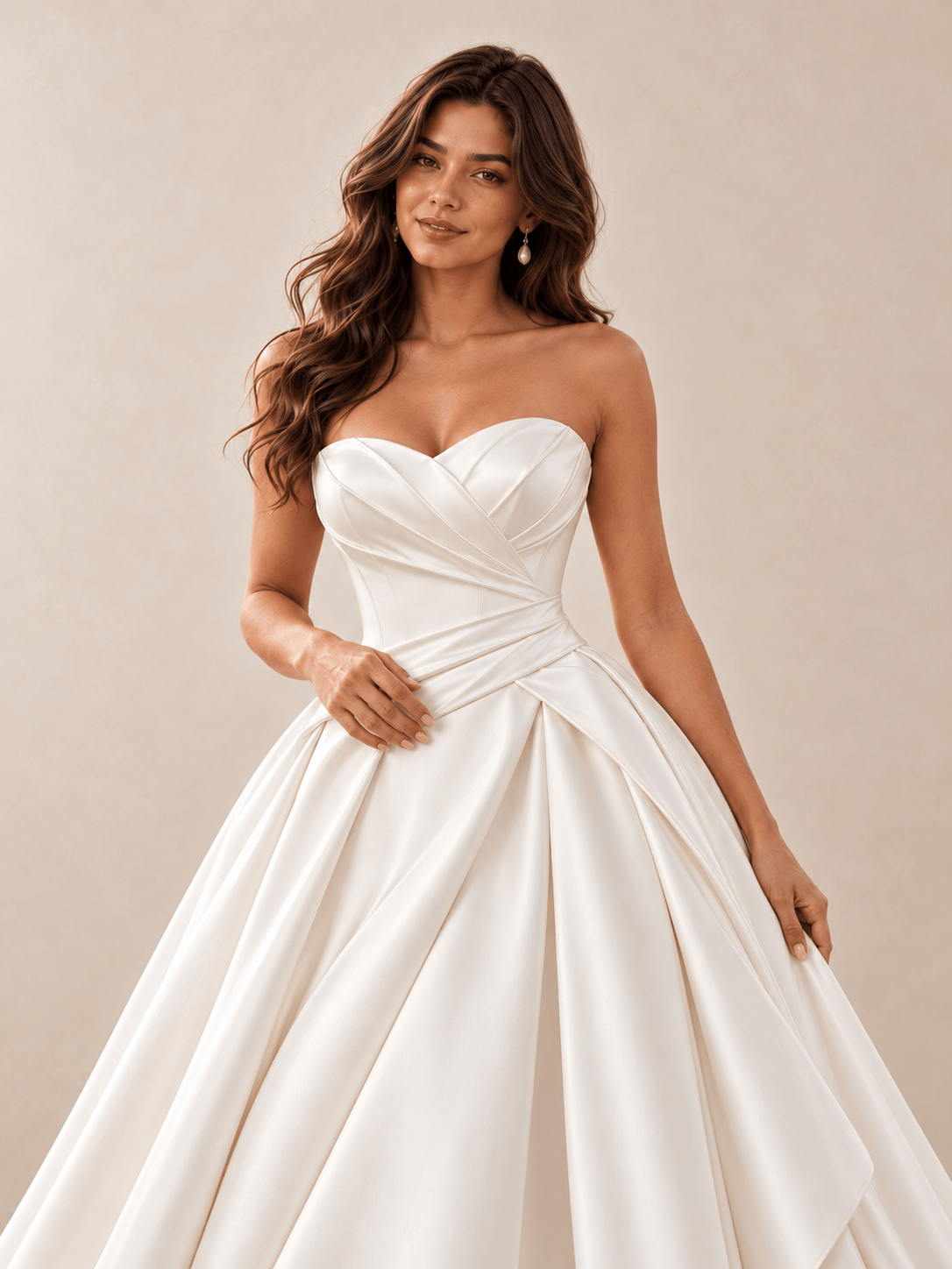 White Strapless Sweetheart Satin Ball Gown Wedding Dress with Draped Bodice