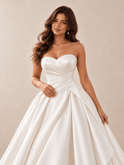 White Strapless Sweetheart Satin Ball Gown Wedding Dress with Draped Bodice
