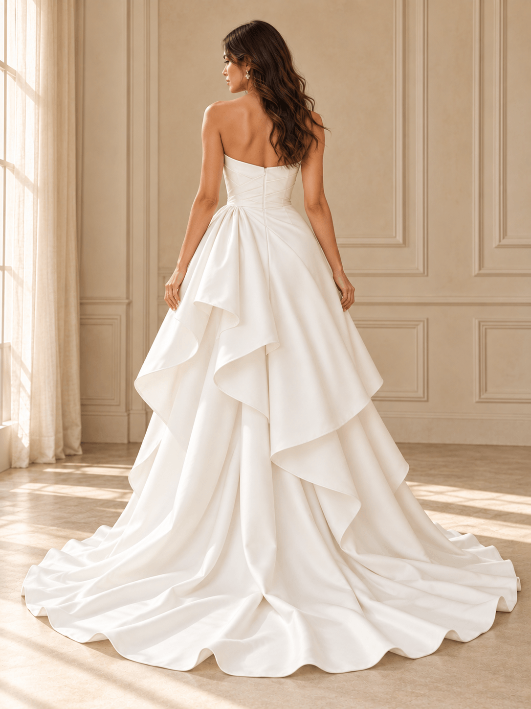 White Strapless Sweetheart Satin High-Low Wedding Dress with Draped Skirt