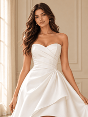 White Strapless Sweetheart Satin High-Low Wedding Dress with Draped Skirt