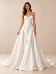 White Strapless Sweetheart Satin Wedding Dress with Pearl Details