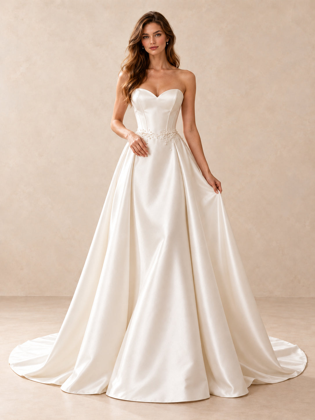 White Strapless Sweetheart Satin Wedding Dress with Pearl Details