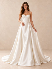 White Strapless Sweetheart Satin Wedding Dress with Pearl Details