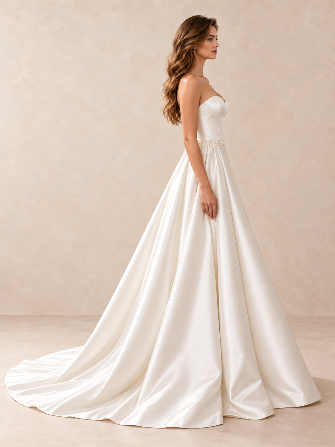 White Strapless Sweetheart Satin Wedding Dress with Pearl Details