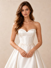 White Strapless Sweetheart Satin Wedding Dress with Pearl Details