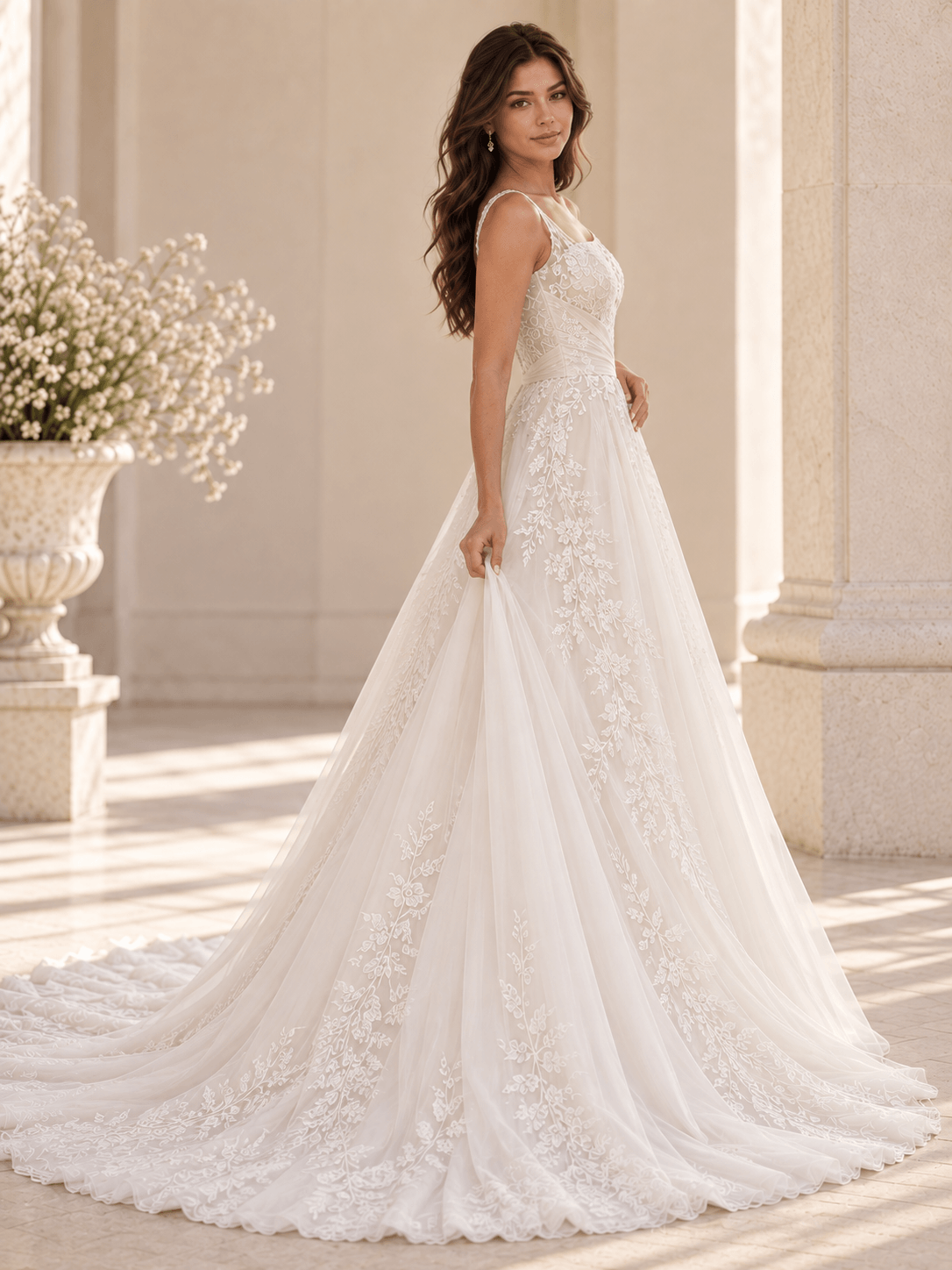 White Sweetheart Floral Appliqués Wedding Dress With Layered Tulle