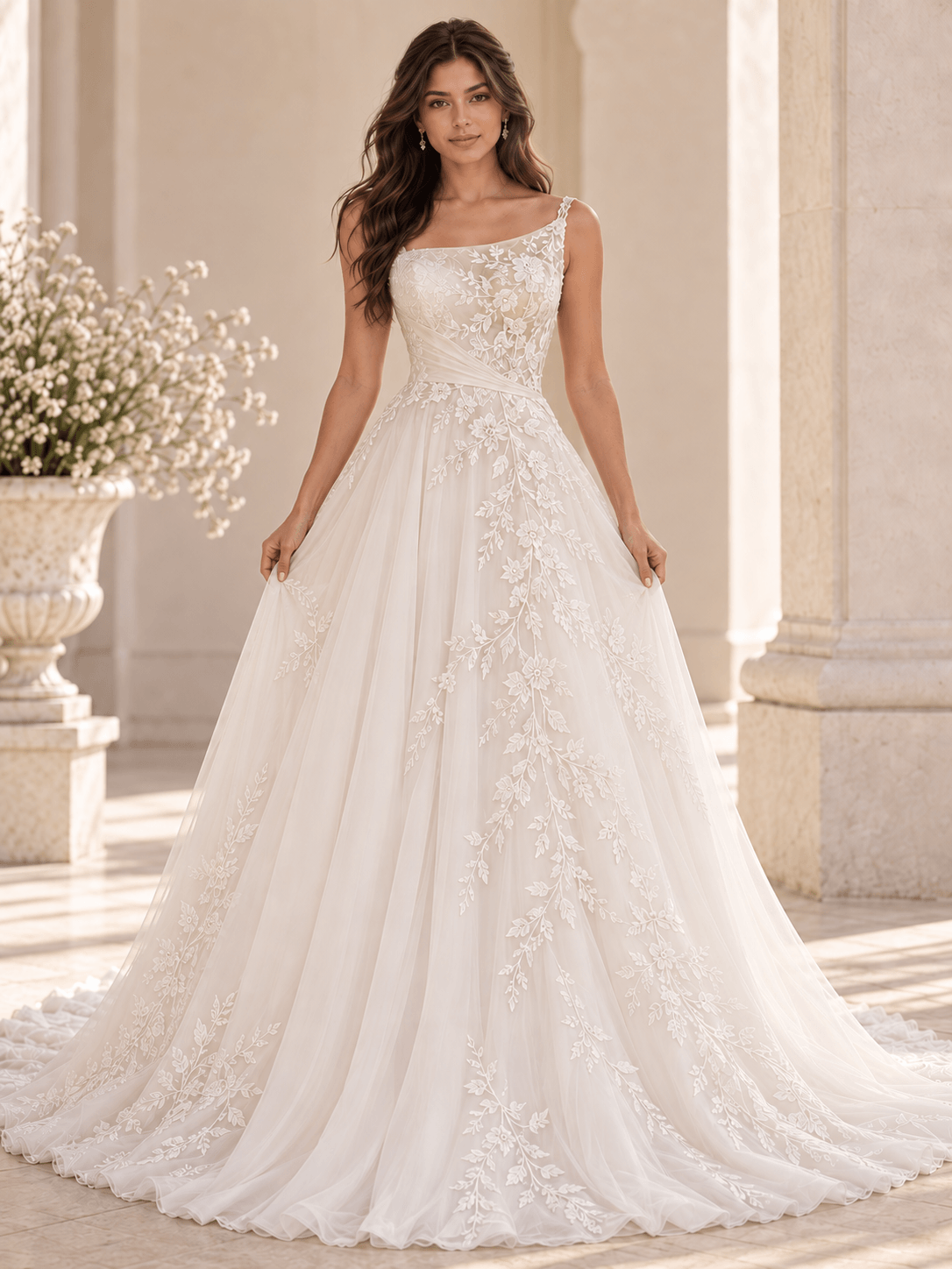 White Sweetheart Floral Appliqués Wedding Dress With Layered Tulle