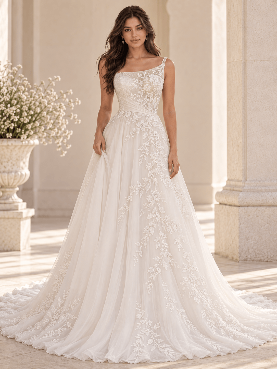 White Sweetheart Floral Appliqués Wedding Dress With Layered Tulle