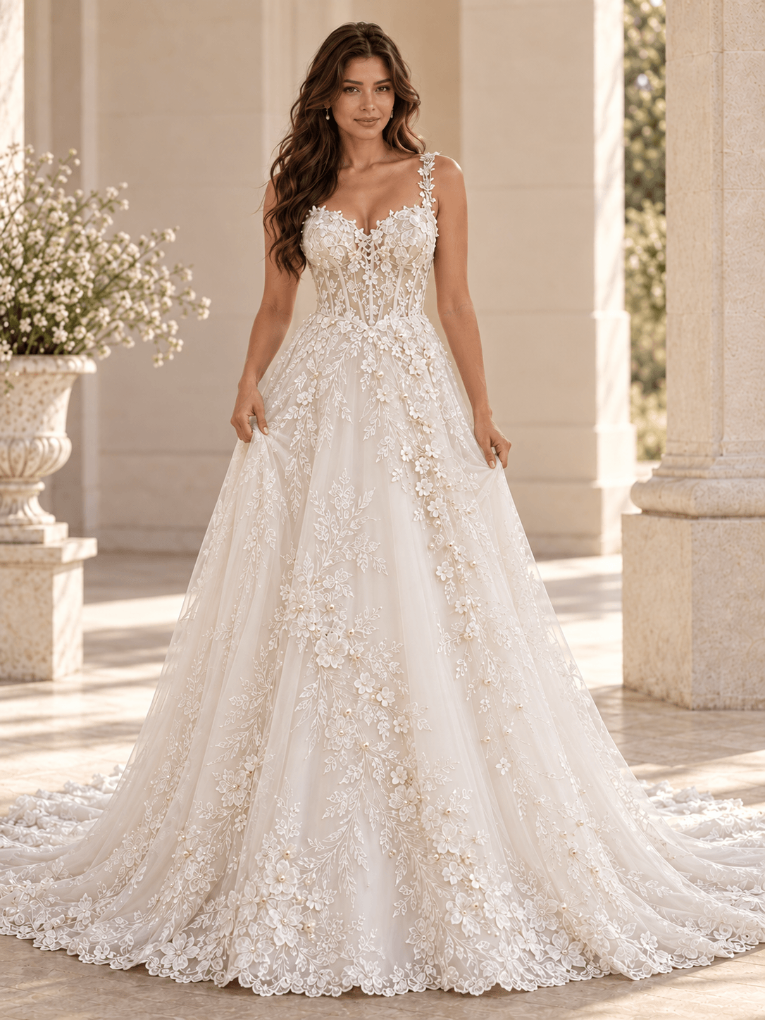 White Sweetheart Lace Appliqué A-Line Wedding Dress With Chapel Train