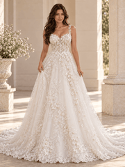 White Sweetheart Lace Appliqué A-Line Wedding Dress With Chapel Train