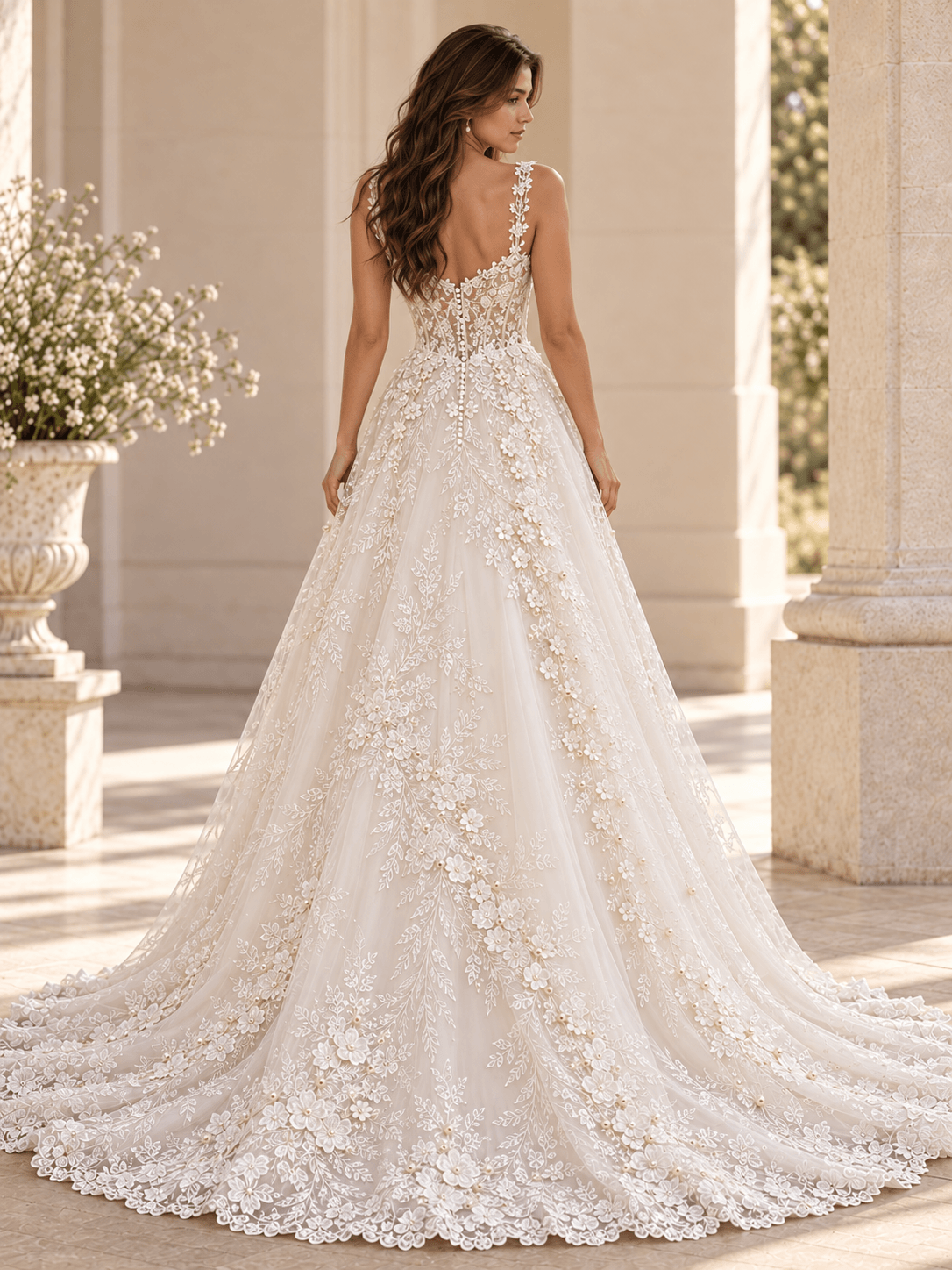 White Sweetheart Lace Appliqué A-Line Wedding Dress With Chapel Train