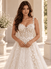 White Sweetheart Lace Appliqué A-Line Wedding Dress With Chapel Train
