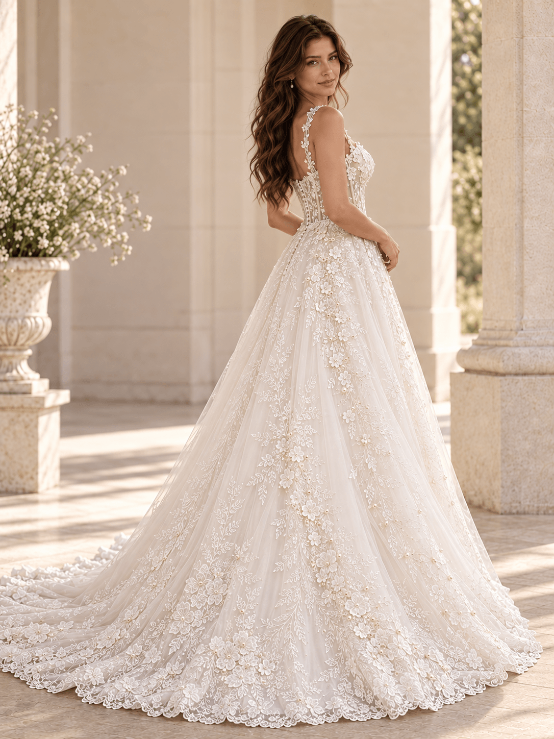 White Sweetheart Lace Appliqué A-Line Wedding Dress With Chapel Train