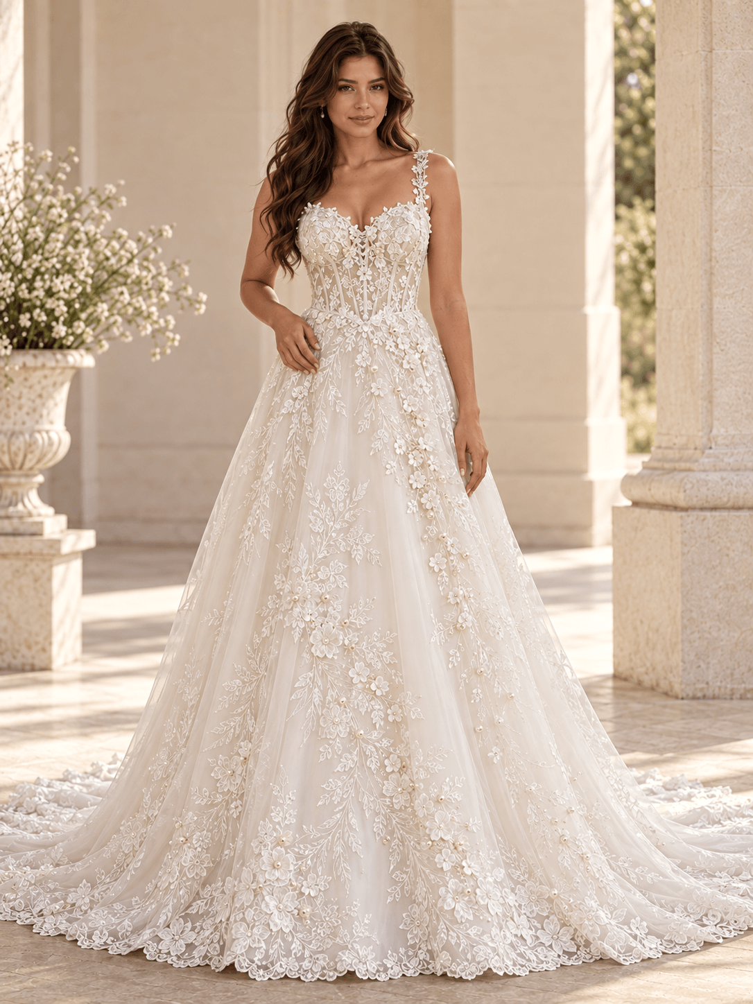 White Sweetheart Lace Appliqué A-Line Wedding Dress With Chapel Train