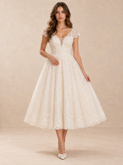 White V-Neck Lace Tea-Length Wedding Dress with Cap Sleeves