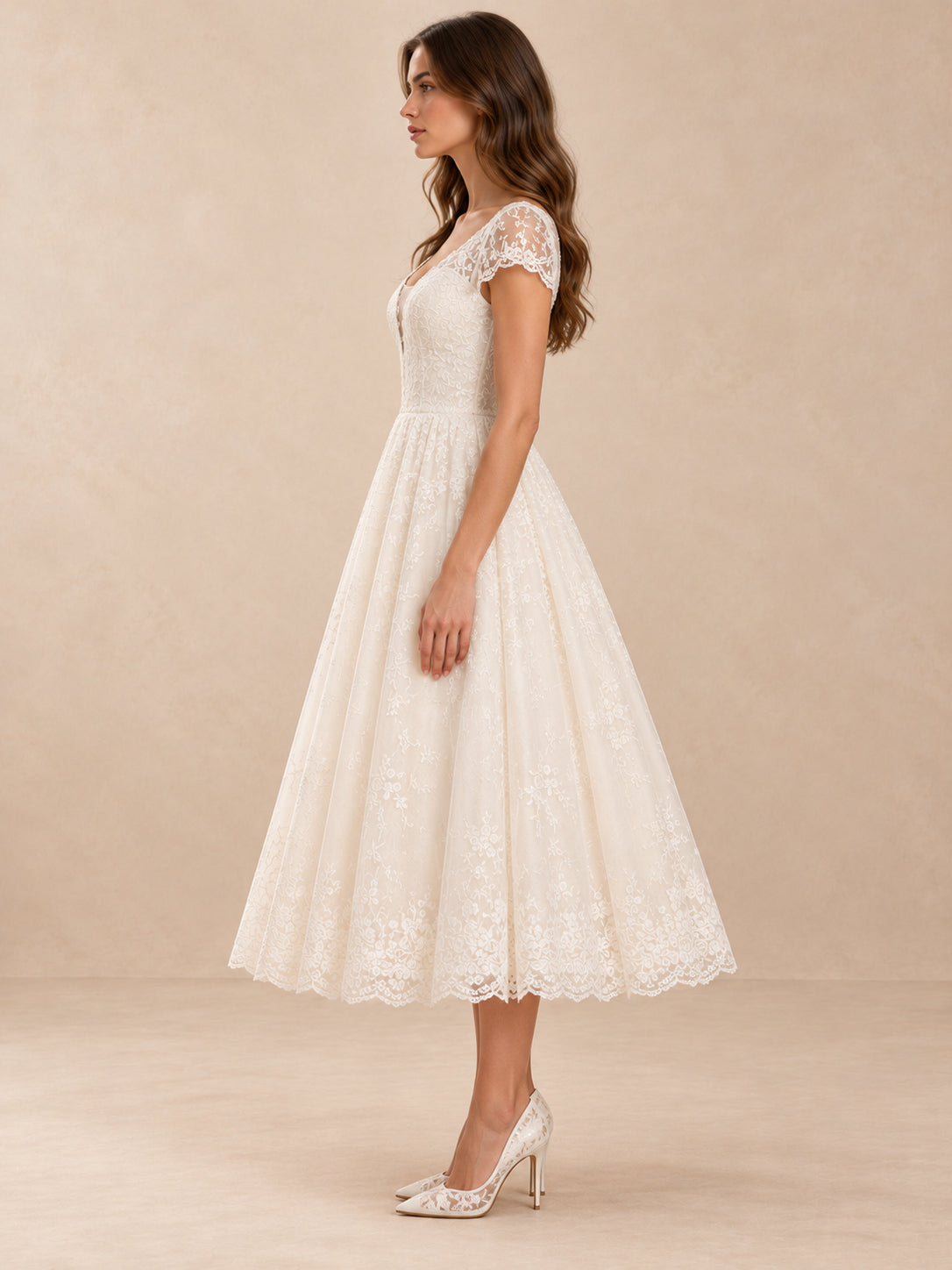 White V-Neck Lace Tea-Length Wedding Dress with Cap Sleeves